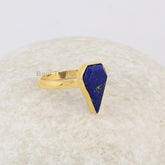 Elegant Lapis Lazuli 9x14mm Diamond Shape Gemstone Ring, Gold Plated Lapis Lazuli Ring, Anniversary Gift for Her, Handmade Silver Bezel Ring